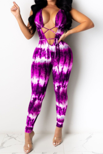 new plus size tie-dyed stretch hollow bandage sexy slim jumpsuit