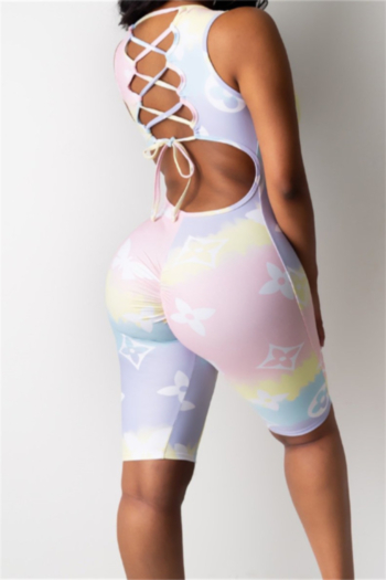 new plus size batch digital print stretch low-cut backless bandage slim stylish sports playsuit