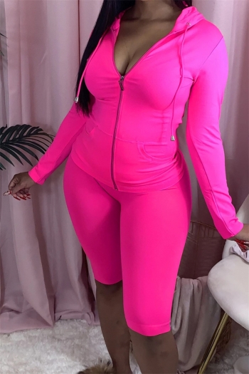 new plus size solid color stretch hooded zip-up stylish sports two-piece set