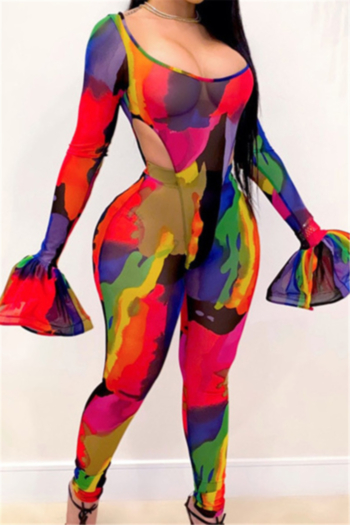new plus size multicolor tie-dye micro see through mesh stretch low-cut bell-sleeve sexy tight two-piece set
