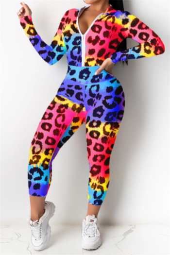 new multicolor leopard print stretch hooded stylish sports fitted two-piece set