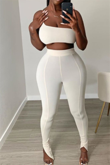 plus size solid color one shoulder sling tight pants stretch two-piece set