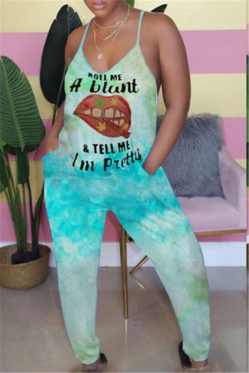 plus size new stylish contrast color lip letter printing pockets loose jumpsuit