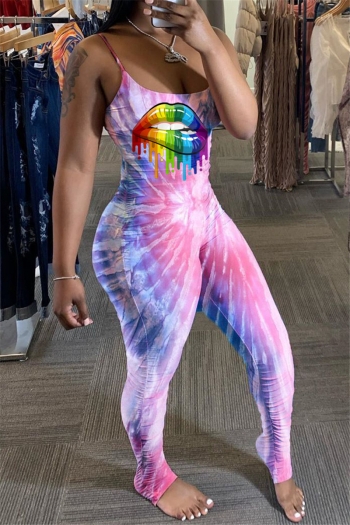 plus size contrast color tie-dye batch printing lip printing sling pleated stretch jumpsuit