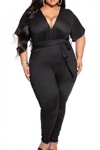 plus size solid color deep v-neck stretch new stylish jumpsuit (with belt)