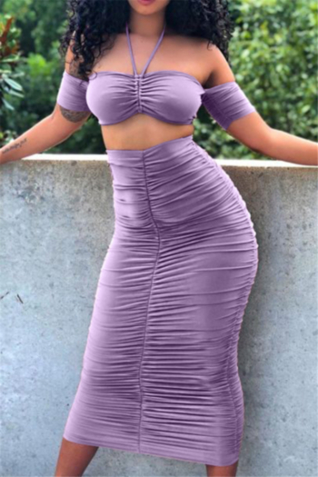 plus size new stylish solid color halter neck pleated skirt stretch two-piece set