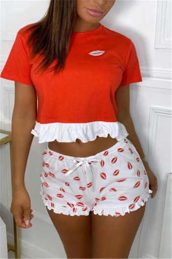 plus size new stylish summer lip batch printing shorts stretch two-piece set