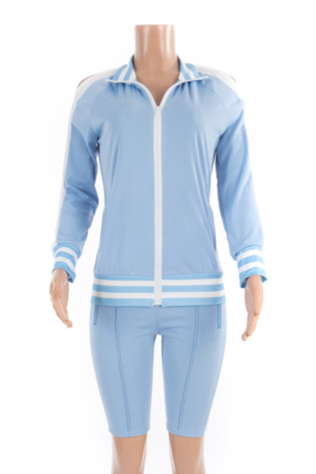 Plus size new stylish hollow out zip-up loose stretch two-piece set