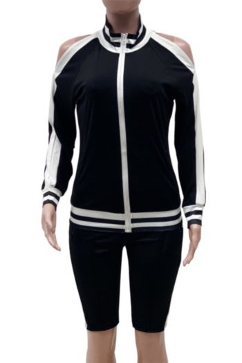 Plus size new stylish hollow out zip-up loose stretch two-piece set