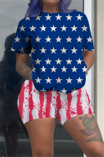 american flag printing plus size summer stretch casual two-piece set