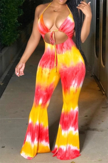 new stylish multicolor batch printing lace-up hollow out stretch jumpsuit