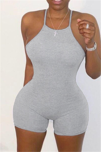 plus size solid color sling open back new stylish elastic slim playsuit
