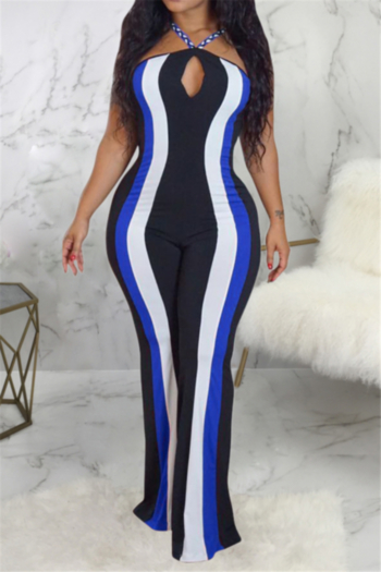 plus size new stylish contrast color stripes hollow out sling wide leg stretch jumpsuit