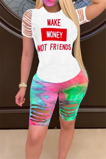 plus size 3 colors cutout letter printing with tie-dye shorts stretch two-piece set