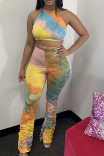 plus size new tie-dye printing laced open back pleated pants stretch two-piece set