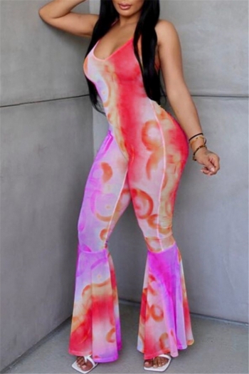 plus size tie-dye batch printing lace-up open back stretch flare jumpsuit