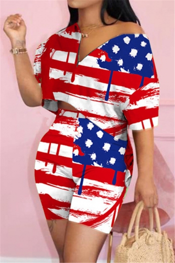 american flag printing new stylish summer zip-up loose stretch two-piece set