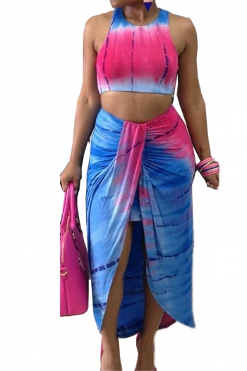 new stylish summer batch printing sleeveless with skirt stretch two-piece set