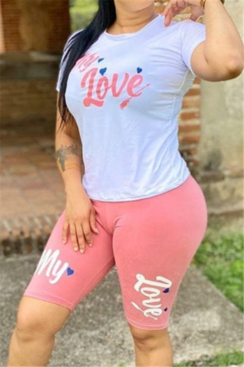 plus size letter and heart printing summer new stylish stretch two-piece set