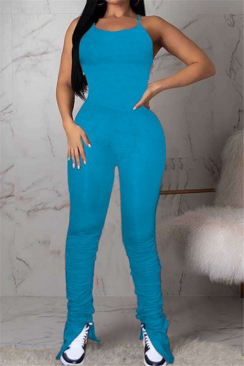 plus size solid color open back laced sling pleated stretch jumpsuit