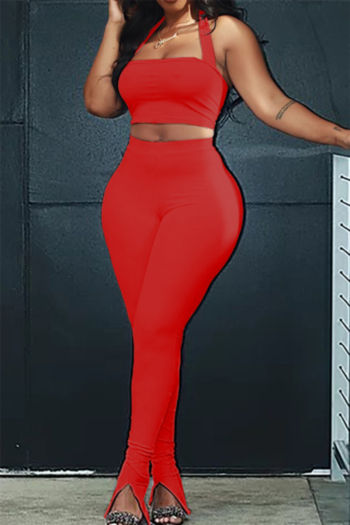 plus size solid color with tight split pants halter-neck stretch two-piece set (new add colors)