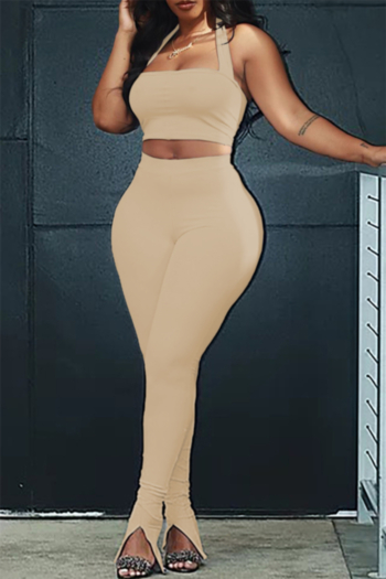 plus size solid color with tight split pants halter-neck stretch two-piece set (new add colors again)