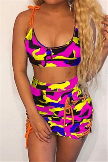 plus size lace-up camo batch printing low-cut stretch summer two-piece set
