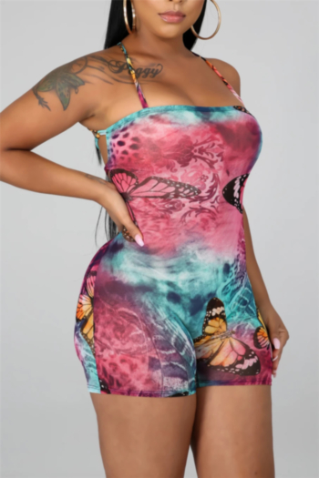 plus size butterflies batch printing lace-up open back stretch slim playsuit