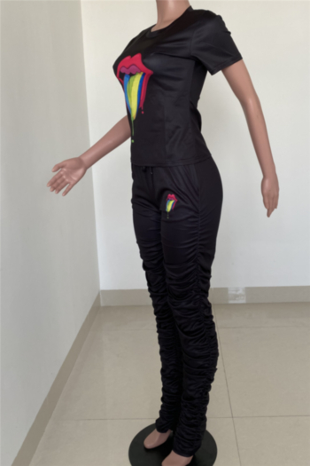 Plus size tongue printing laced pockets pleated pants stretch two-piece set