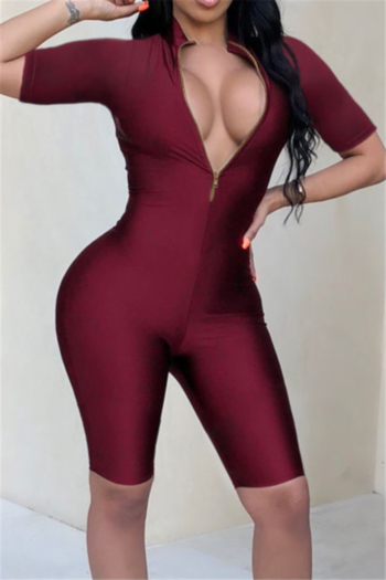 new stylish summer solid color zip-up elastic new stylish tight playsuit