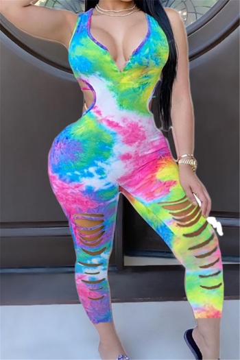 plus size tie-dye batch printing summer open back cutout tight stretch jumpsuit