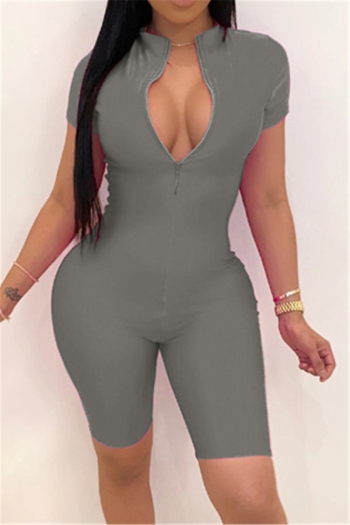 plus size summer 6 colors solid color zip-up elastic slim tight playsuit