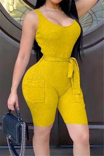 plus size pockets solid color 4 colors stretch simple summer playsuit (with belt)
