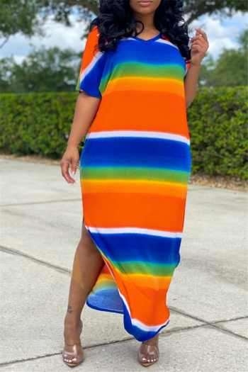 plus size summer split multicolor stripes printing pockets loose dress