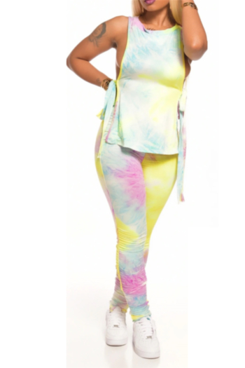 plus size tie-dye batch printing lace-up zip-up pleated pants stretch two-piece set