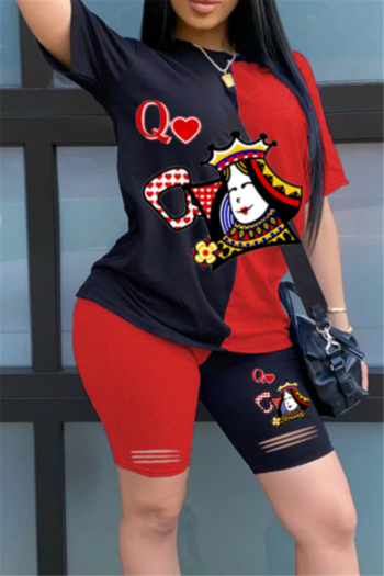 plus size contrast color cut-out poker cartoon printing stretch two-piece set