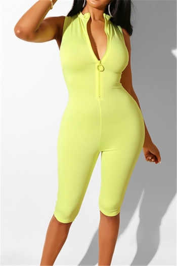 plus size solid color zip-up sleeveless summer stretch tight playsuit