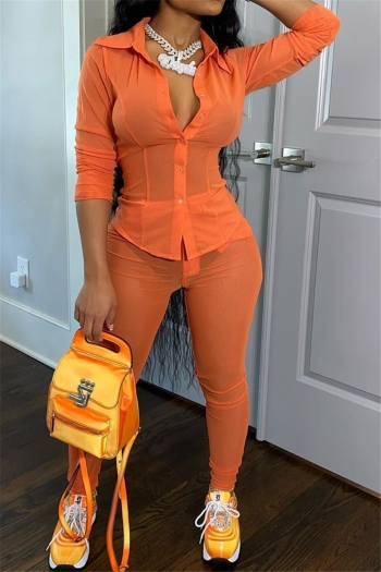plus size solid color single breasted mesh see through pockets stretch two-piece set (new add colors)