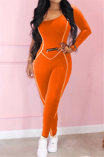 plus size 3 colors solid color one shoulder long-sleeves stretch tight jumpsuit