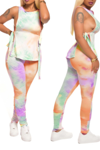 plus size summer 4 colors tie-dye batch printing laced pleated zip-up stretch two-piece set
