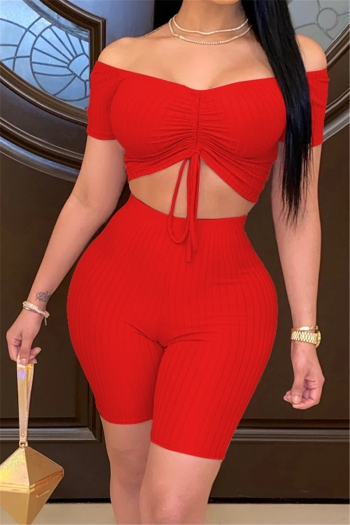 plus size solid color pleated short t-shirt new stylish off-shoulder stretch two-piece set