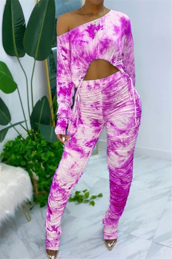 plus size 3 colors spring autumn tie-dye batch printing pleated fashion stretch two-piece set