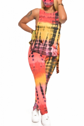 plus size tie-dye batch printing 4 colors laced with face-cover stretch two-piece set