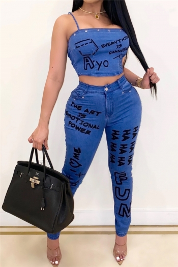 plus size letters printing sling zip-up tight pants elastic summer slim two-piece set
