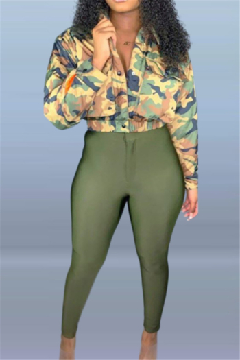 plus size camo batch printing single breasted inelastic top stretch pants two-piece set