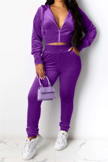 new stylish simple solid color zip-up hooded velvet tight pants stretch two-piece set (new add colors)