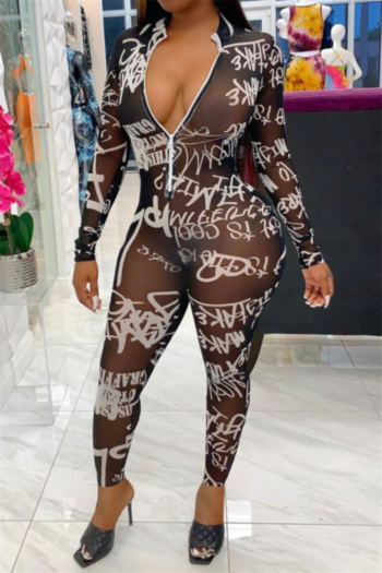 plus size letter batch printing zip-up mesh see through new stylish autumn stretch jumpsuit