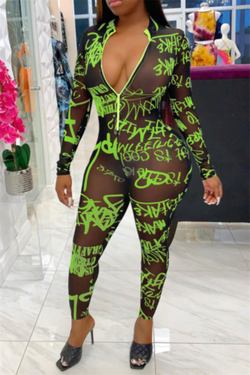 plus size letter batch printing zip-up mesh see through new stylish autumn stretch jumpsuit (new add color)