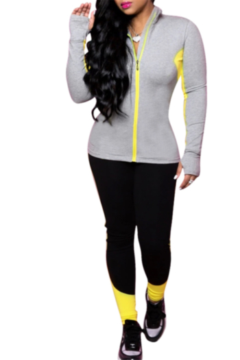 plus size contrast color 3 colors zip-up thumb hole tight sports stretch two-piece set