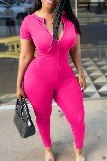 new stylish summer solid color 3 colors zip-up simple stretch tight jumpsuit